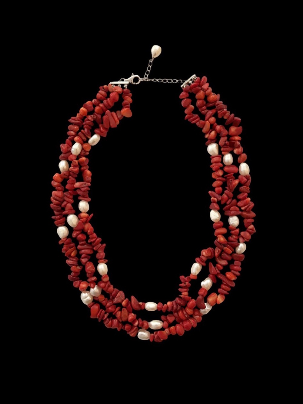 Vintage 925 Sterling Silver 3-Strand Red Coral & Freshwater Pearl Necklace